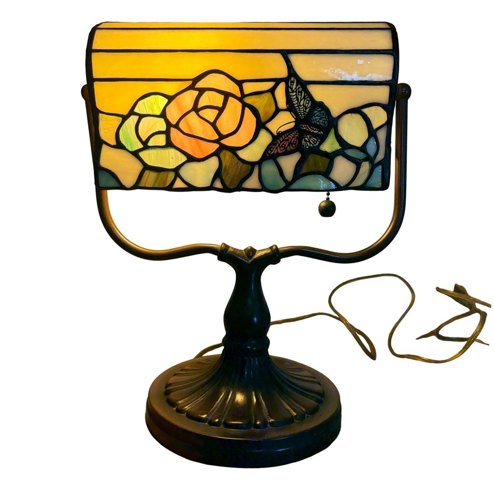 Vintage Tiffany Style Stained Glass Bankers Desk Lamp Floral Butterfly Victorian - Picture 2 of 16